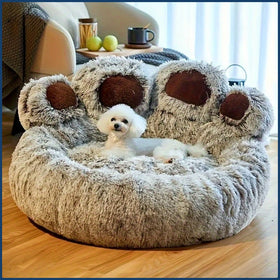 Bear Paw Pet Bed Warm Plush Calming Donut Bed for Medium Dogs Cats, Anti-Anxiety Puppy Cat Cushion Mat Winter Soft Round Bed